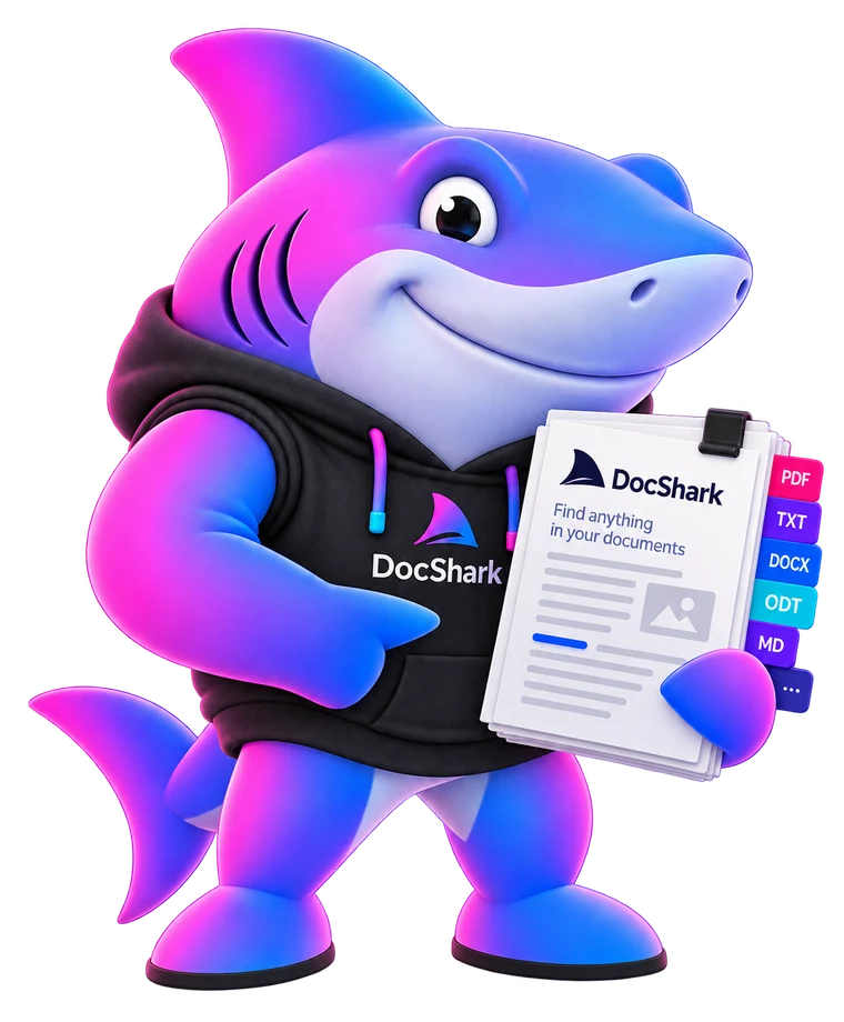 DocShark mascot holding a stack of documents